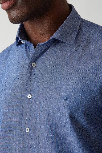 Regular Fit Lacivert Keten Pamuk Spor Erkek Gömlek - 3