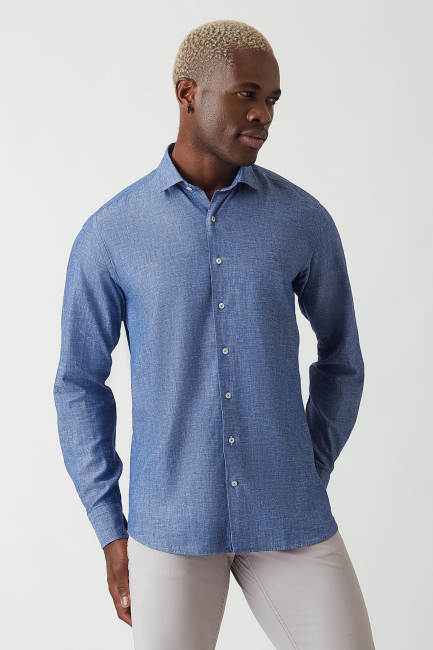 Regular Fit Lacivert Keten Pamuk Spor Erkek Gömlek 