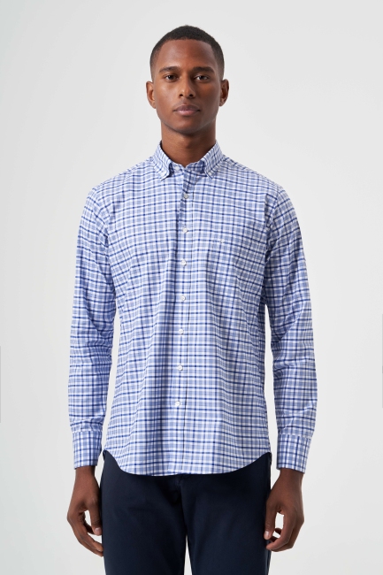 Regular Fit Lacivert Yazlık Ekose Paşa Yaka Spor Erkek Gömlek - 1