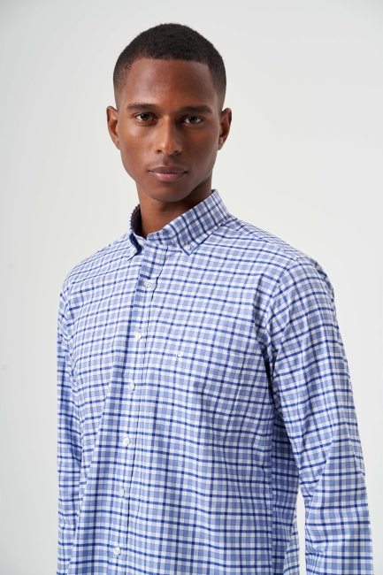 Regular Fit Lacivert Yazlık Ekose Paşa Yaka Spor Erkek Gömlek - 4