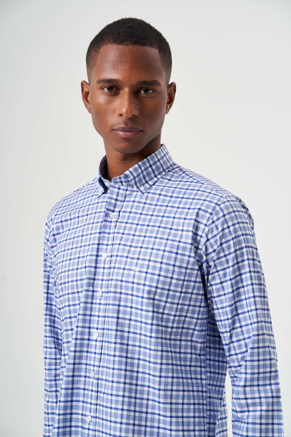 Regular Fit Lacivert Yazlık Ekose Paşa Yaka Spor Erkek Gömlek - 4