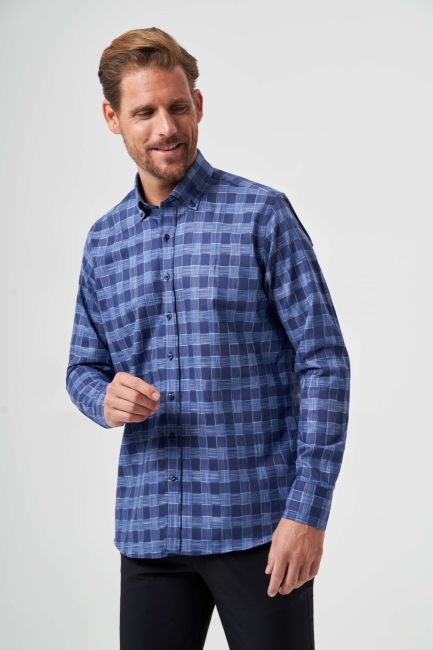 Regular Fit Lacivert Yazlık Kareli Paşa Yaka Erkek Gömlek