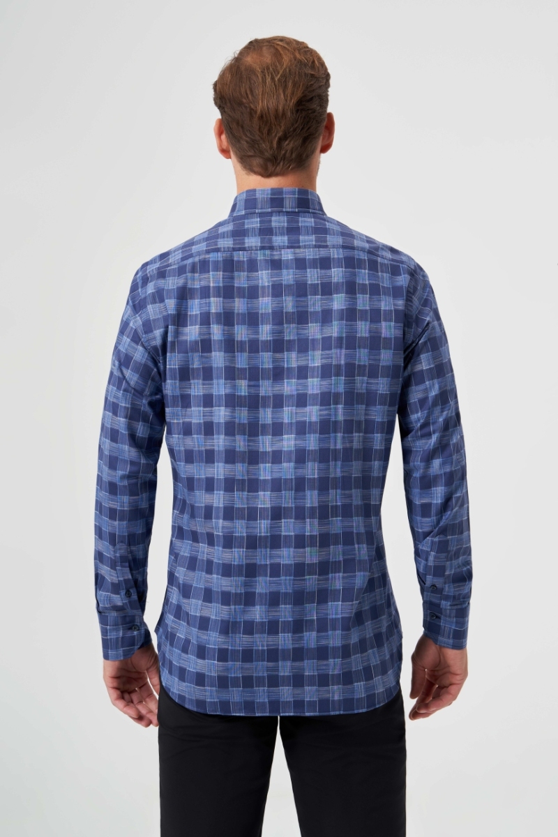 Regular Fit Lacivert Yazlık Kareli Paşa Yaka Erkek Gömlek - 2