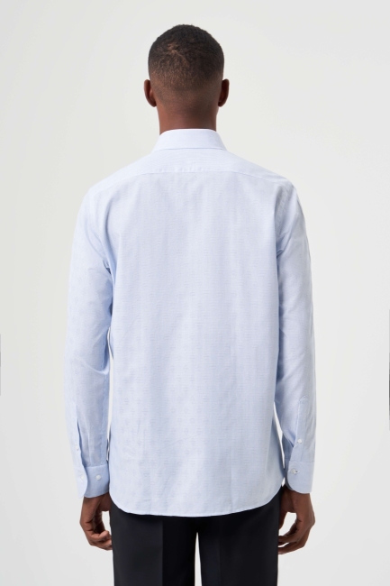 Regular Fit Mavi Çizgili İtalyan Yaka Klasik Erkek Gömlek - 2