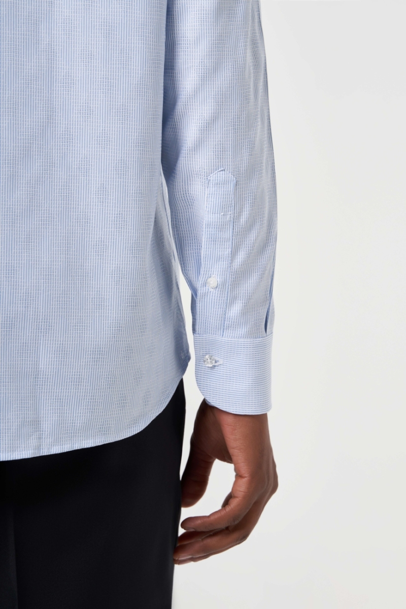 Regular Fit Mavi Çizgili İtalyan Yaka Klasik Erkek Gömlek - 4
