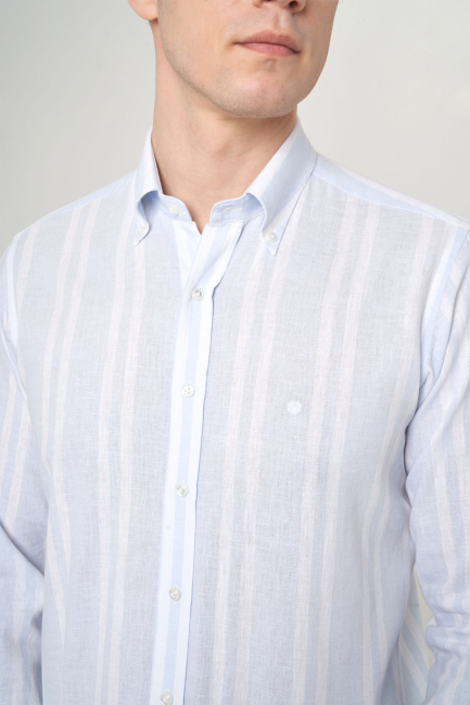 Regular Fit Mavi Çizgili Keten Karışımlı Spor Erkek Gömlek - 3
