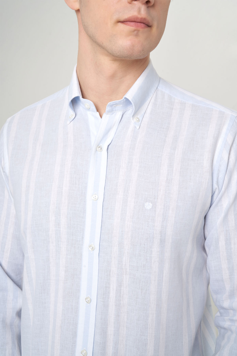 Regular Fit Mavi Çizgili Keten Karışımlı Spor Erkek Gömlek - 3
