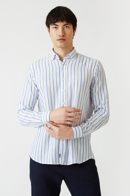Regular Fit Mavi Çizgili Uzun Kollu Spor Erkek Gömlek