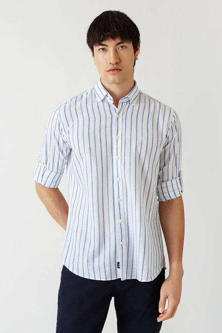 Regular Fit Mavi Çizgili Uzun Kollu Spor Erkek Gömlek - 5