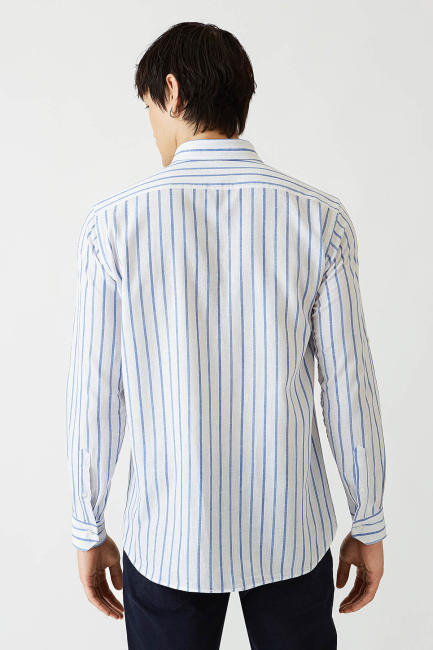Regular Fit Mavi Çizgili Uzun Kollu Spor Erkek Gömlek (1)