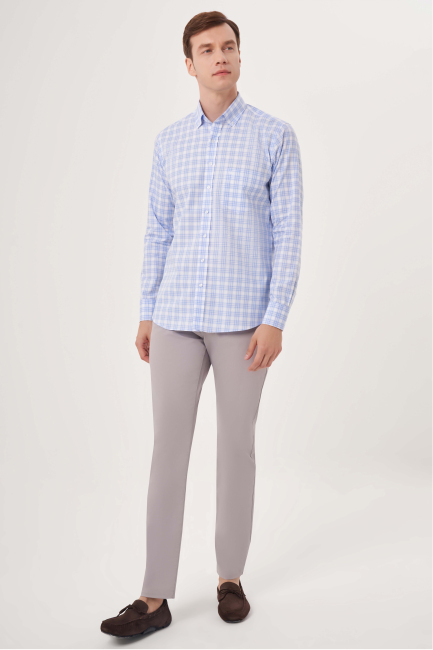 Regular Fit Mavi Ekose Cep Detaylı Paşa Yaka Spor Erkek Gömlek - 4