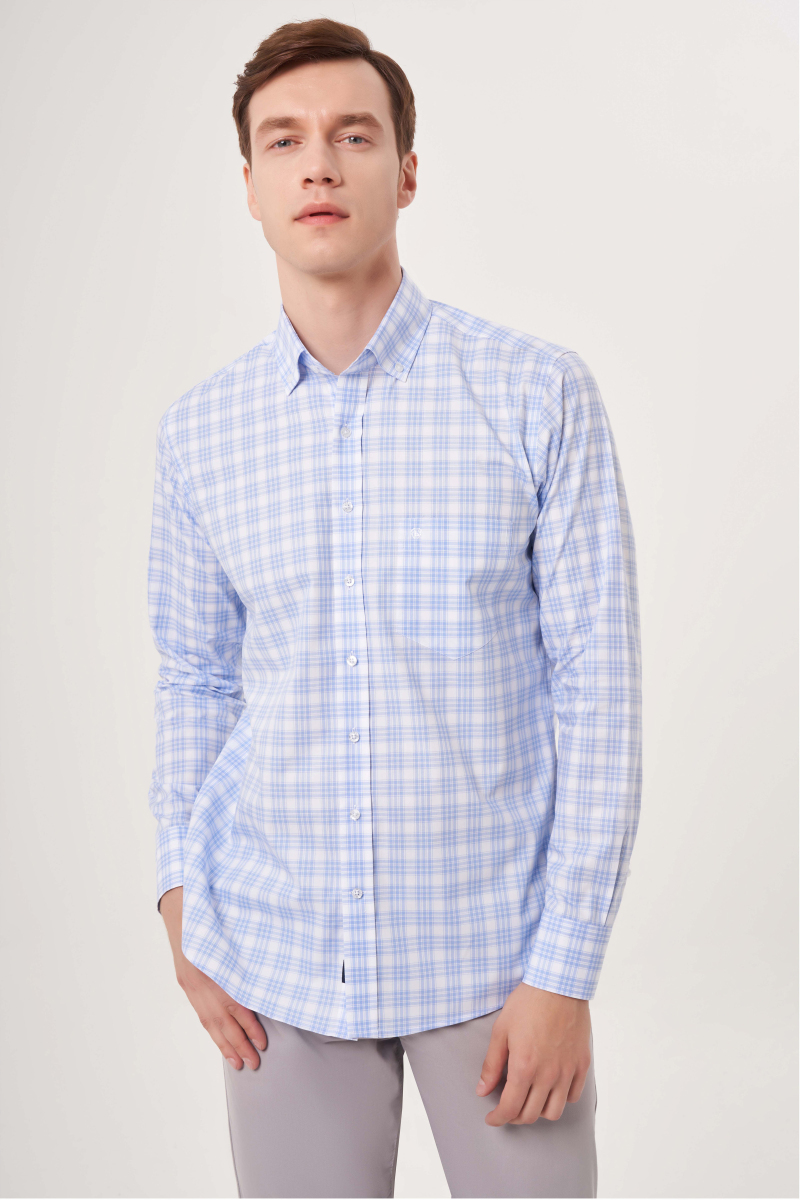 Regular Fit Mavi Ekose Cep Detaylı Paşa Yaka Spor Erkek Gömlek - 1