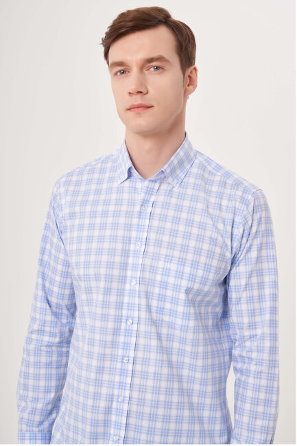 Regular Fit Mavi Ekose Cep Detaylı Paşa Yaka Spor Erkek Gömlek - 3
