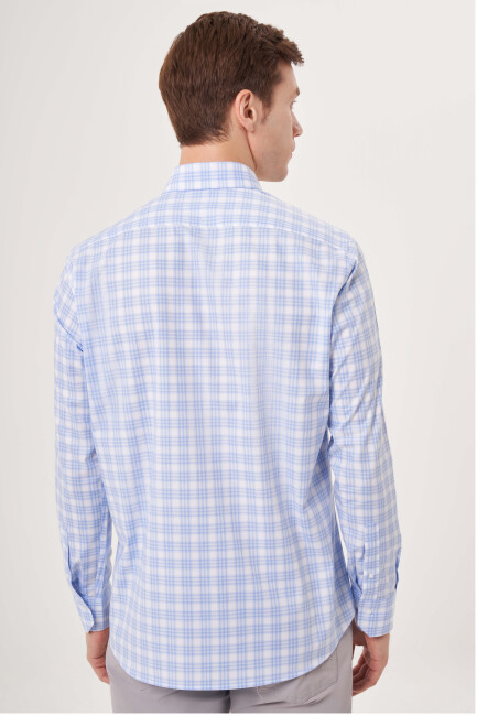 Regular Fit Mavi Ekose Cep Detaylı Paşa Yaka Spor Erkek Gömlek - 2
