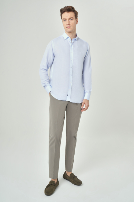 Regular Fit Mavi Gabardin Spor Yaka Uzun Kollu Erkek Gömlek - 4