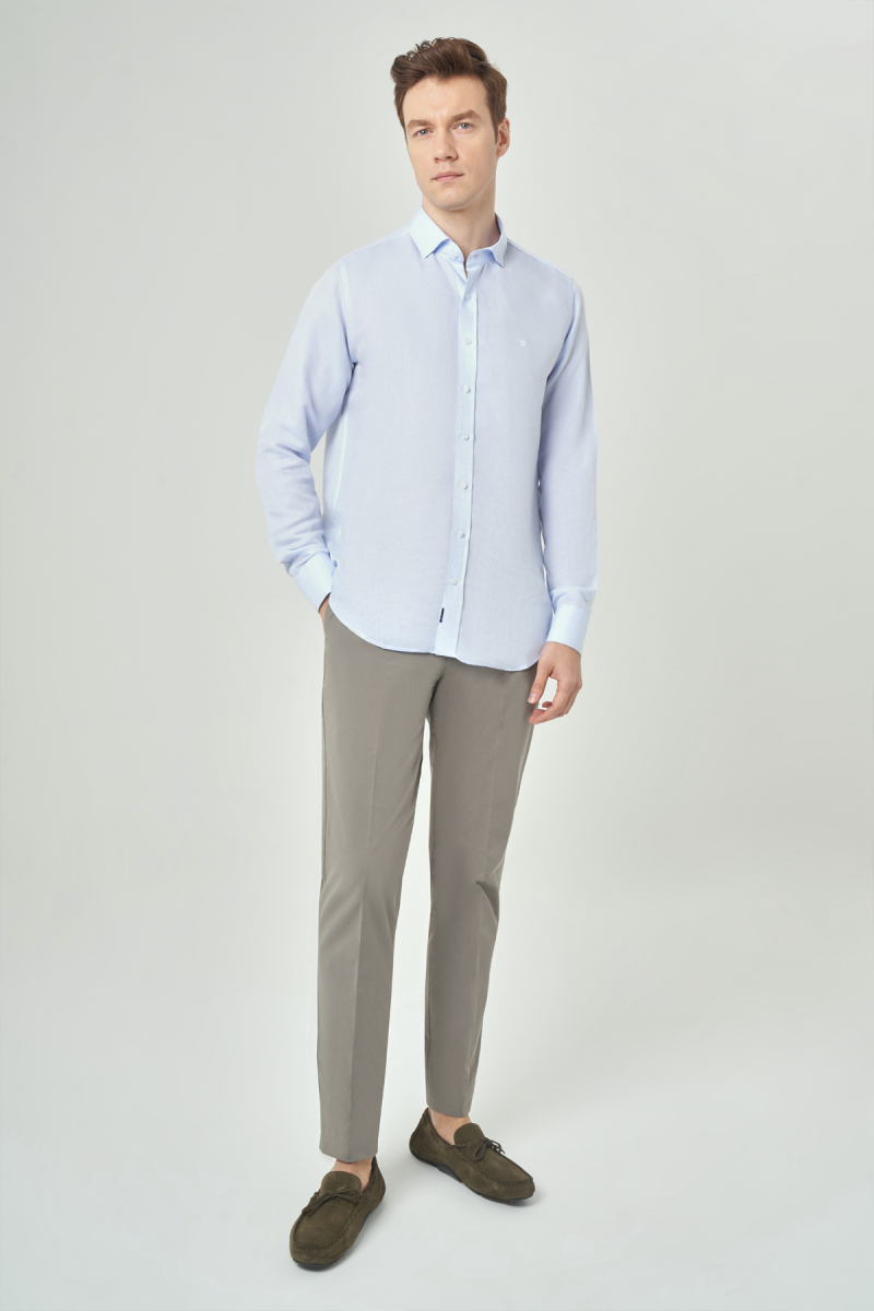 Regular Fit Mavi Gabardin Spor Yaka Uzun Kollu Erkek Gömlek - 4