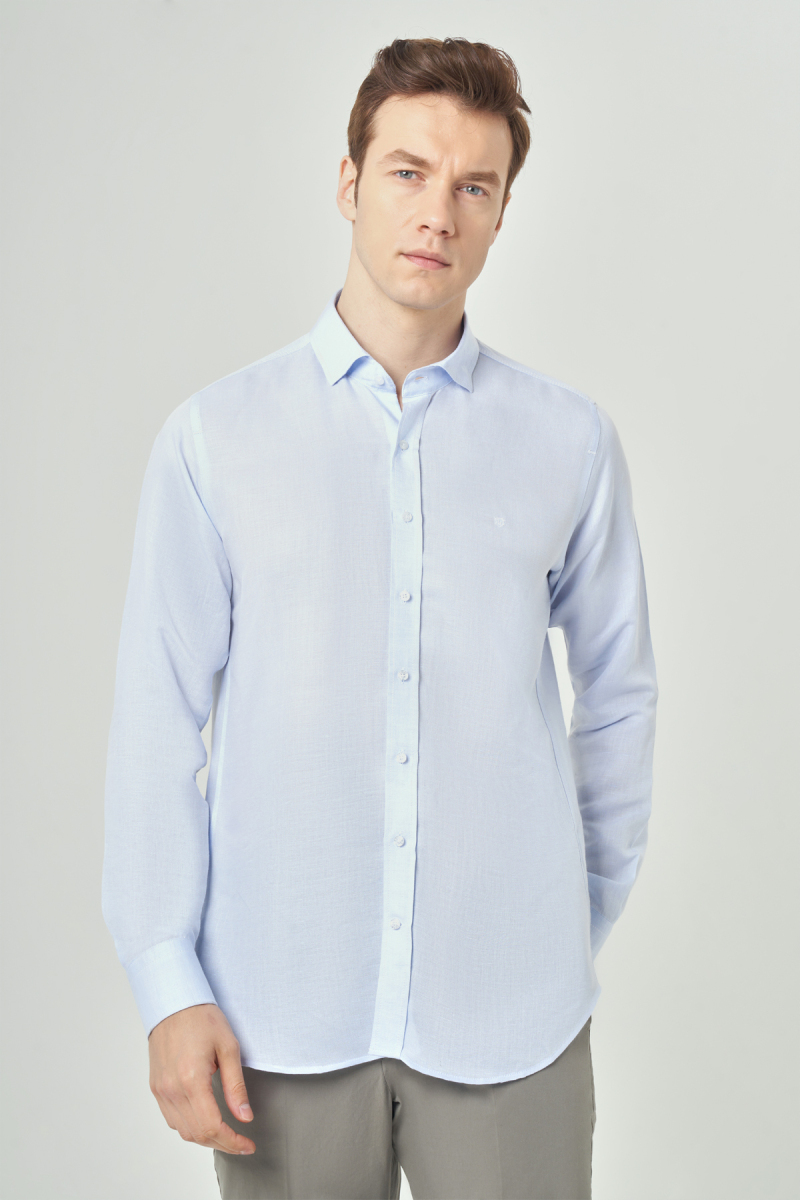 Regular Fit Mavi Gabardin Spor Yaka Uzun Kollu Erkek Gömlek - 1