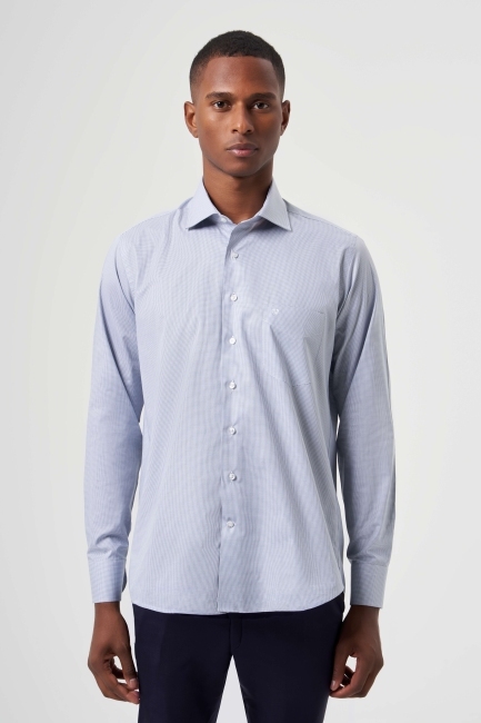 Regular Fit Mavi İtalyan Kumaş Klasik Erkek Gömlek - 1