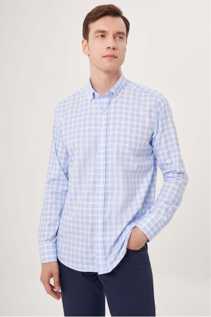 Regular Fit Mavi Kareli Paşa Yaka Spor Erkek Gömlek - 4