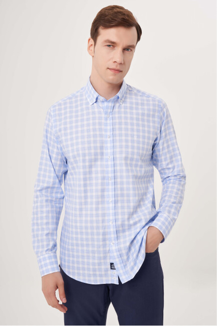 Regular Fit Mavi Kareli Paşa Yaka Spor Erkek Gömlek - 1