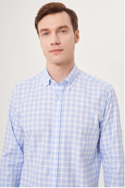 Regular Fit Mavi Kareli Paşa Yaka Spor Erkek Gömlek - 3