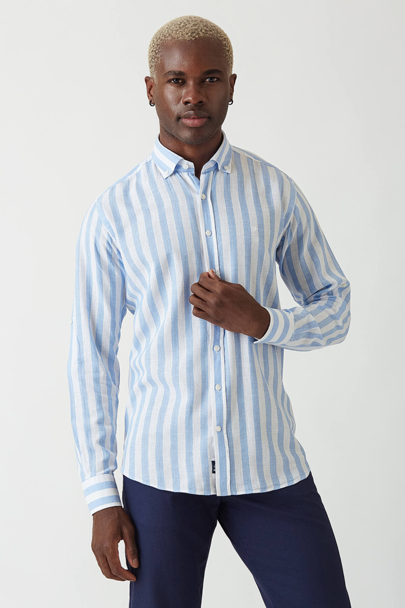 Regular Fit Mavi Keten Paşa Yaka Spor Erkek Gömlek - 1