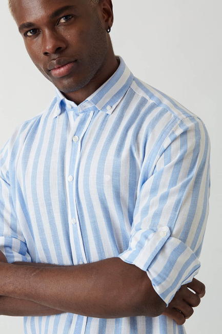 Regular Fit Mavi Keten Paşa Yaka Spor Erkek Gömlek - 5