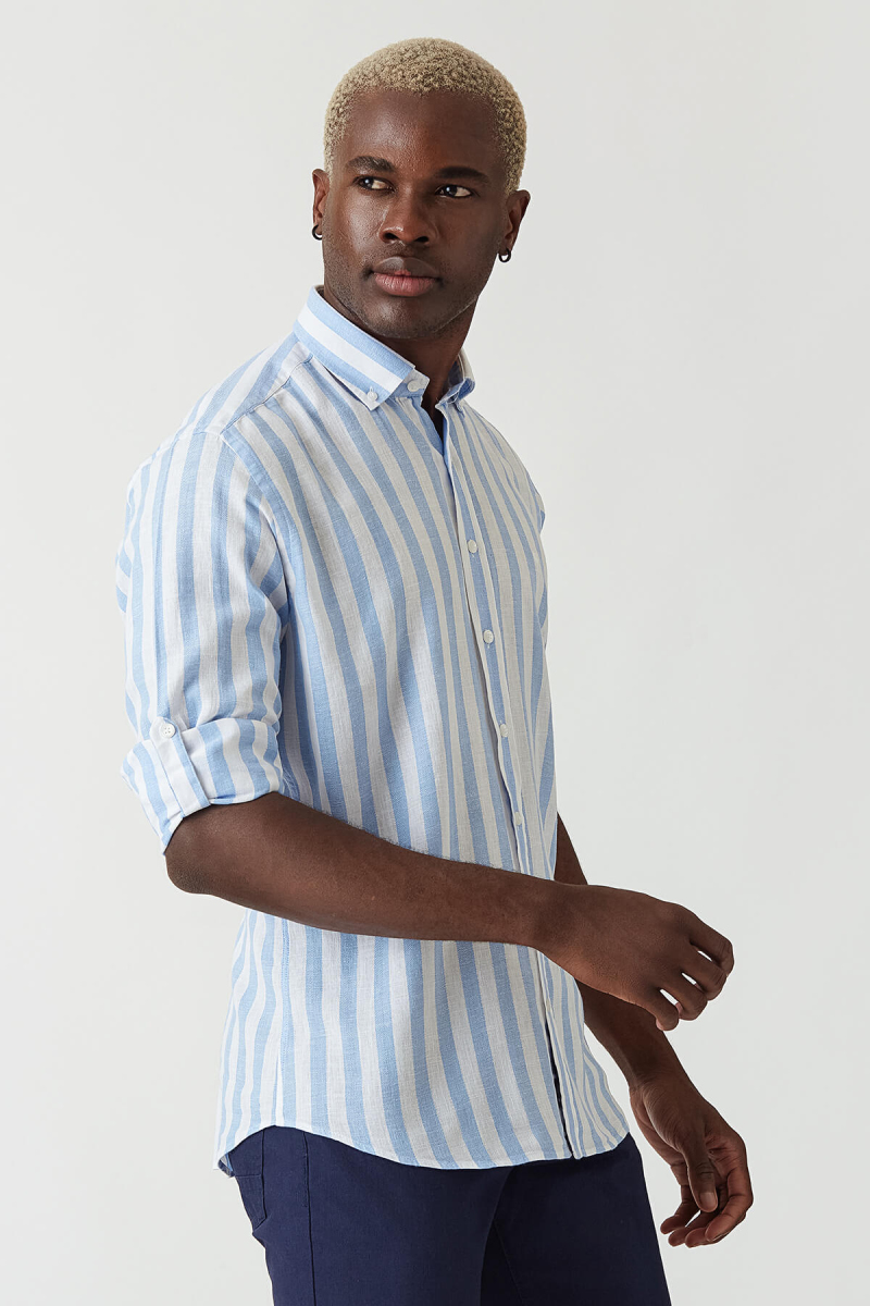 Regular Fit Mavi Keten Paşa Yaka Spor Erkek Gömlek - 4