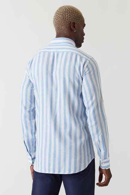 Regular Fit Mavi Keten Paşa Yaka Spor Erkek Gömlek - 2