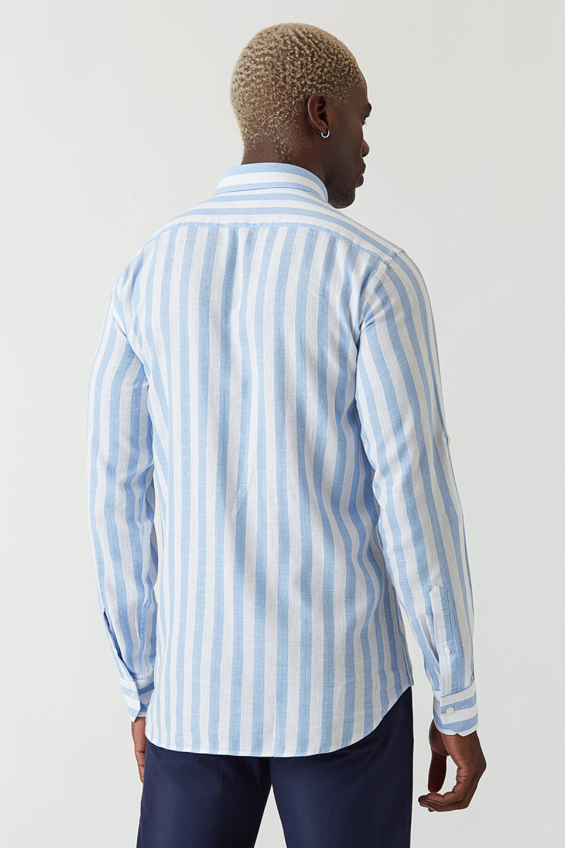 Regular Fit Mavi Keten Paşa Yaka Spor Erkek Gömlek - 2