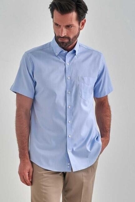 Regular Fit Mavi Kısa Kol Paşa Yaka Spor Erkek Gömlek - 4