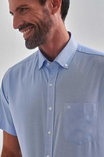 Regular Fit Mavi Kısa Kol Paşa Yaka Spor Erkek Gömlek - 3