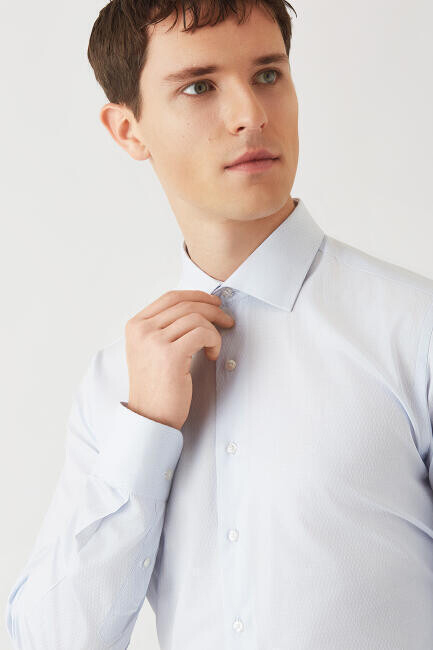 Regular Fit Mavi Klasik C Yaka Uzun Kollu Erkek Gömlek - 4