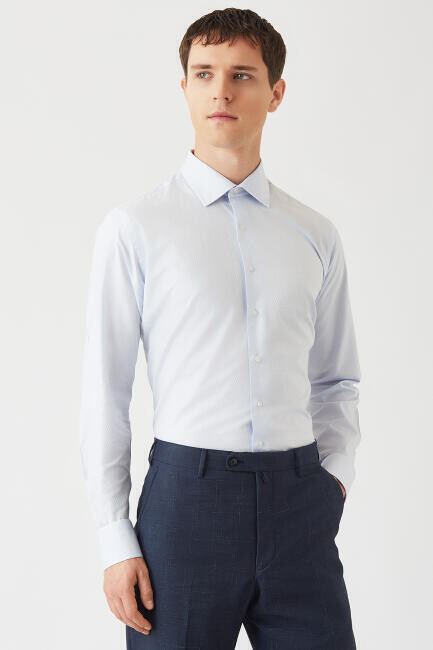 Regular Fit Mavi Klasik C Yaka Uzun Kollu Erkek Gömlek - 5