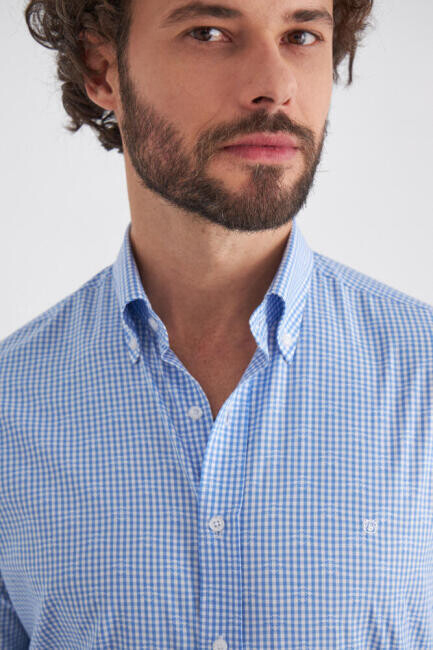 Regular Fit Mavi Uzun Kol Uzun Kollu Spor Erkek Gömlek - 3