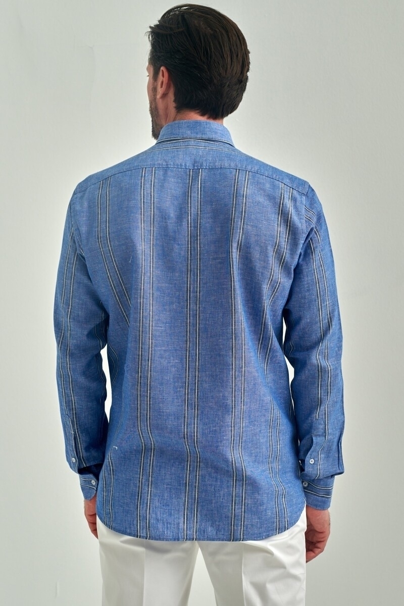 Regular Fit Mavi Uzun Kollu Paşa Yaka Spor Erkek Gömlek - 2