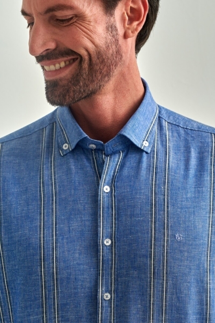 Regular Fit Mavi Uzun Kollu Paşa Yaka Spor Erkek Gömlek - 3