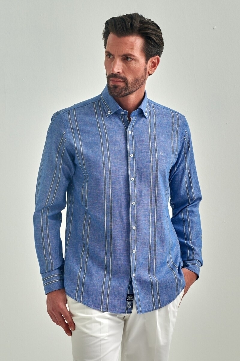 Regular Fit Mavi Uzun Kollu Paşa Yaka Spor Erkek Gömlek - 1
