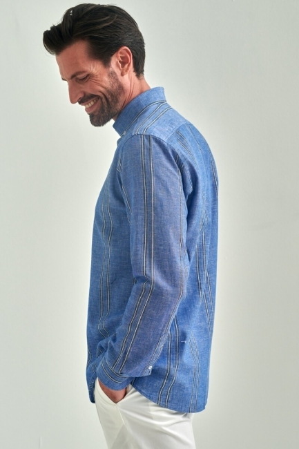 Regular Fit Mavi Uzun Kollu Paşa Yaka Spor Erkek Gömlek - 5