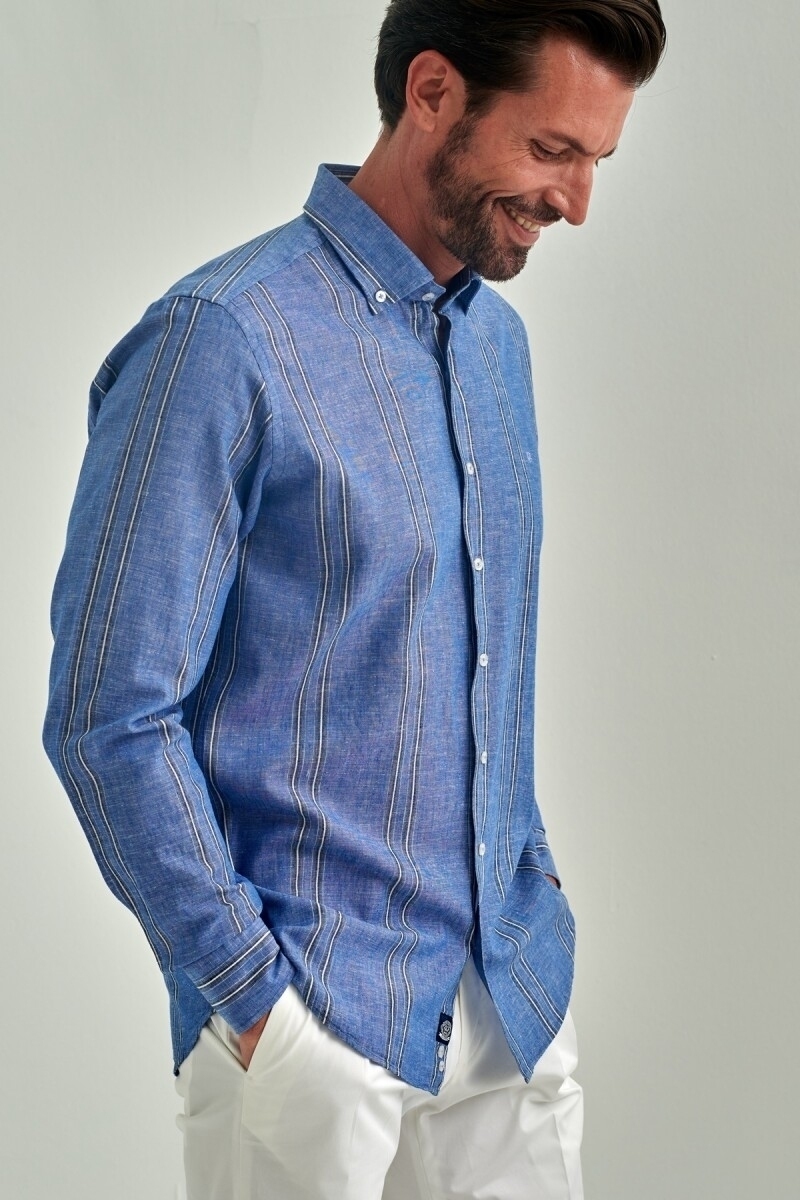 Regular Fit Mavi Uzun Kollu Paşa Yaka Spor Erkek Gömlek - 4