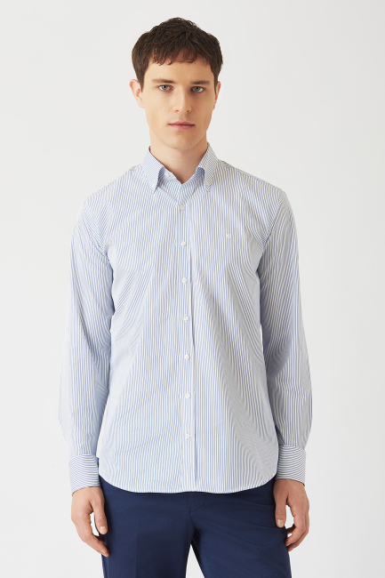 Regular Fit Mavi Uzun Kollu Spor Erkek Gömlek - 1
