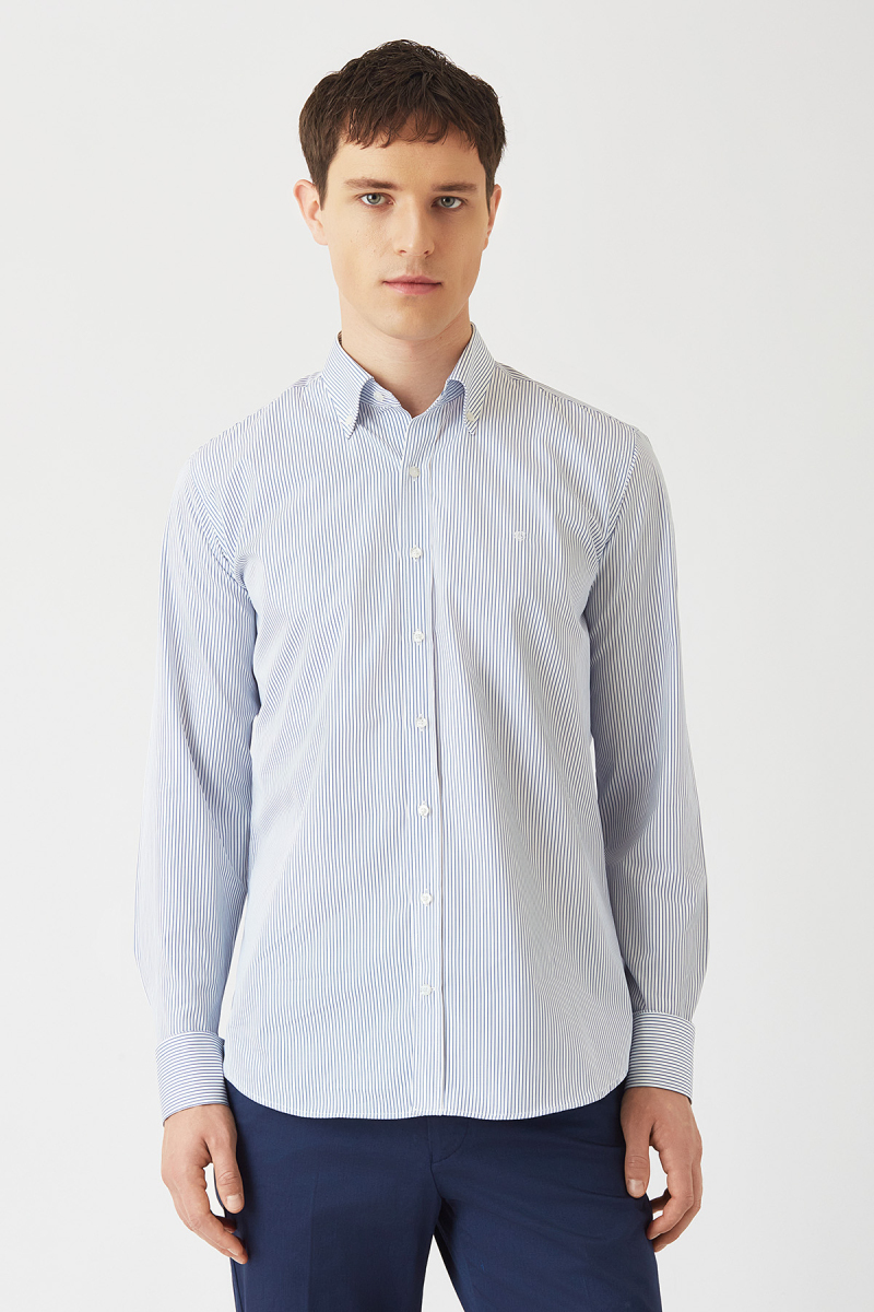 Regular Fit Mavi Uzun Kollu Spor Erkek Gömlek - 1