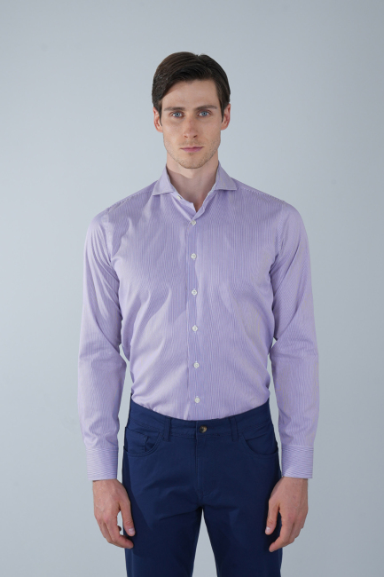 Regular Fit Napoli Yaka Uzun Kol Pamuk Lila Erkek Gömlek 
