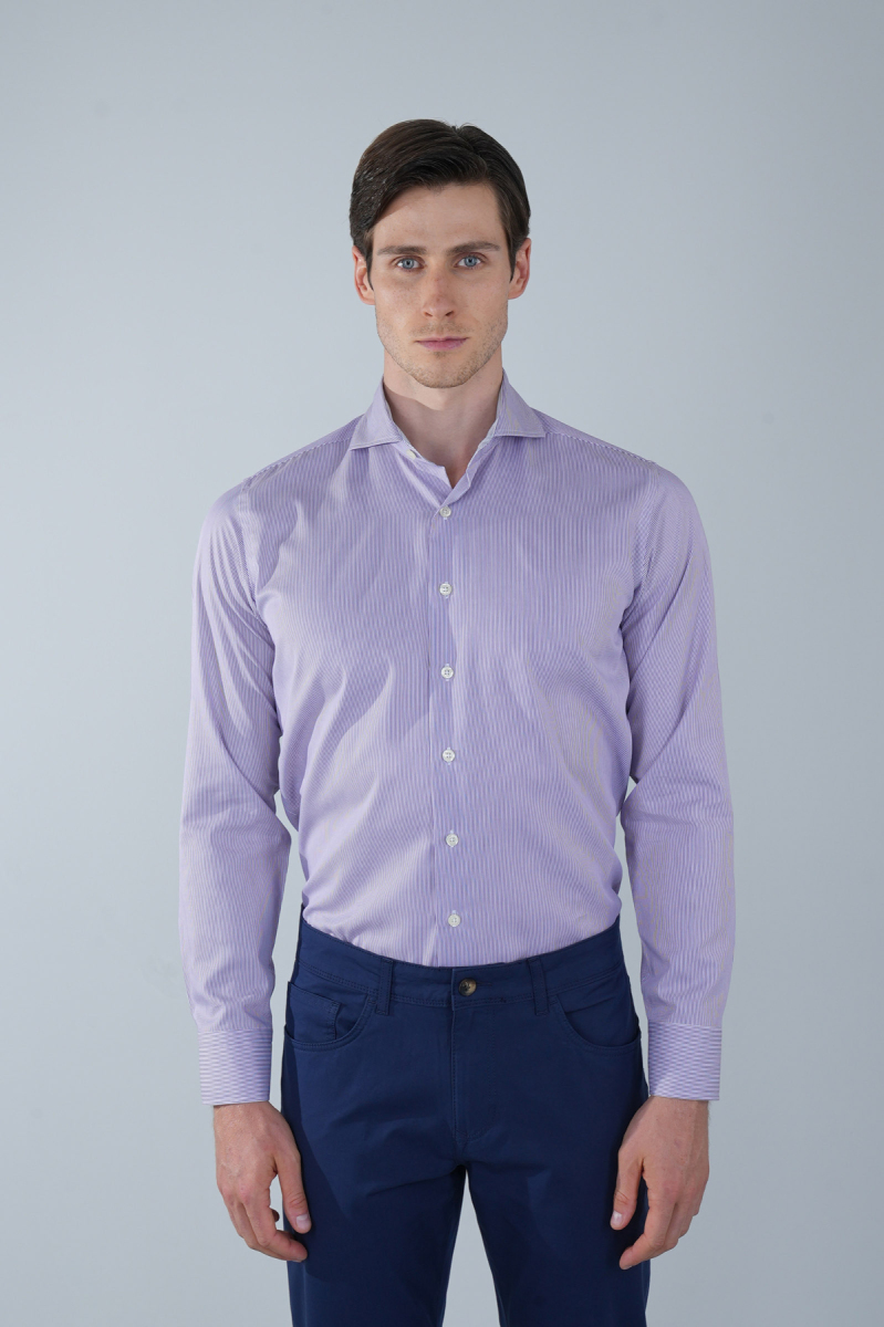 Regular Fit Napoli Yaka Uzun Kol Pamuk Lila Erkek Gömlek - 1