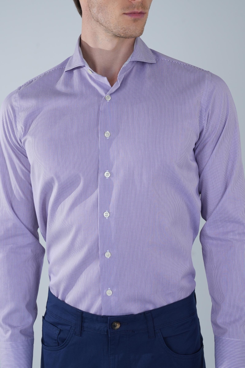 Regular Fit Napoli Yaka Uzun Kol Pamuk Lila Erkek Gömlek - 2