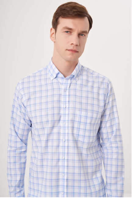 Regular Fit Paşa Yaka Armür Dokulu Mavi Spor Erkek Gömlek - 3