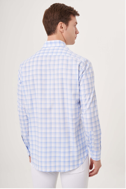 Regular Fit Paşa Yaka Armür Dokulu Mavi Spor Erkek Gömlek - 2