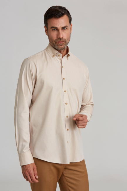 Regular Fit Paşa Yaka Bej Basic Spor Erkek Gömlek - 1