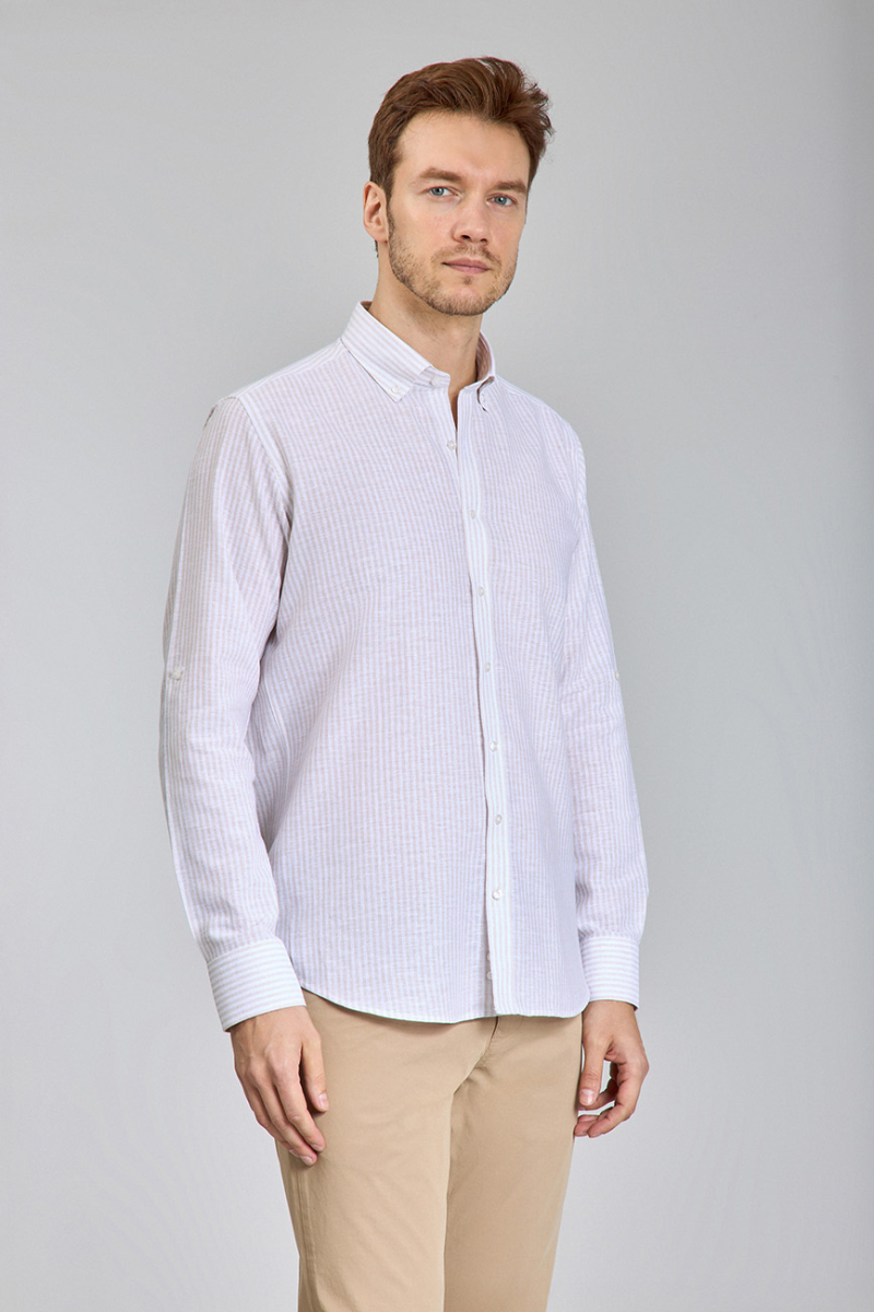 Regular Fit Paşa Yaka Bej Pamuk Keten Erkek Gömlek - 5