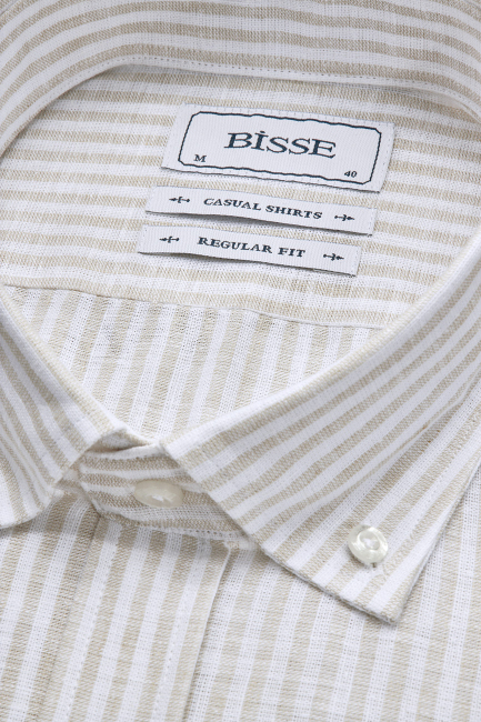 Regular Fit Paşa Yaka Bej Pamuk Keten Erkek Gömlek - 4